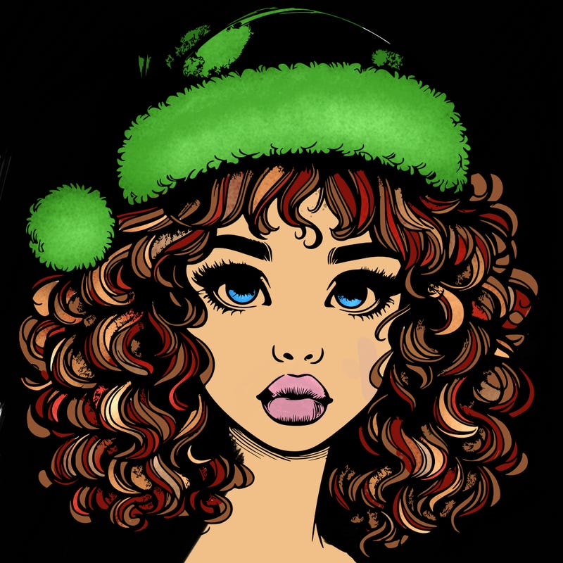 realistic girl with a santa hat curly hair and lips