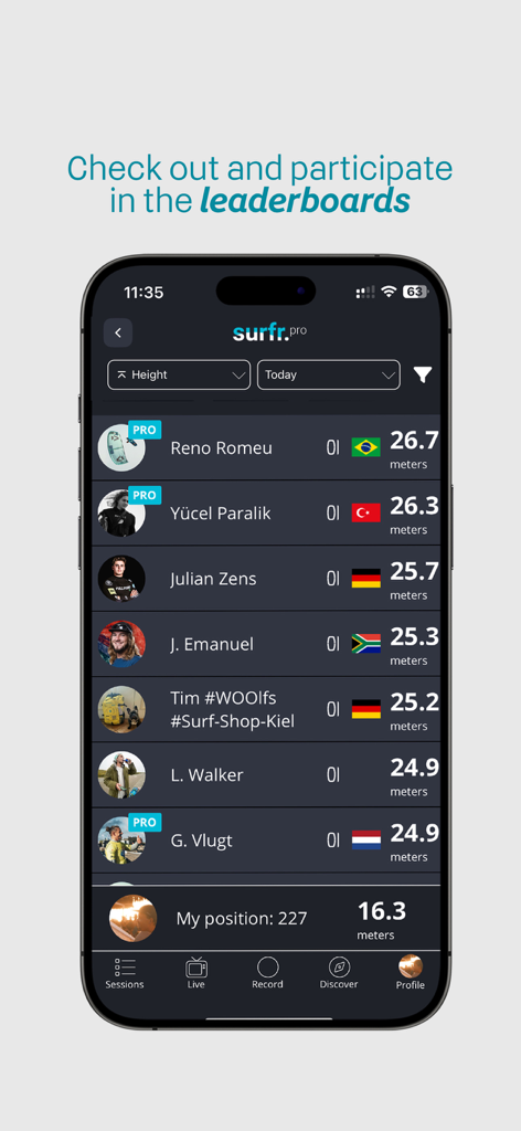 The Surfr. App - A mobile app leaderboard showing kiteboarding jump heights in meters for various global users.