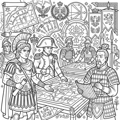 Journey through military history as you bring iconic generals and their strategic battle plans to life. This intricate coloring page invites you to explore the minds of legendary leaders with every stroke.