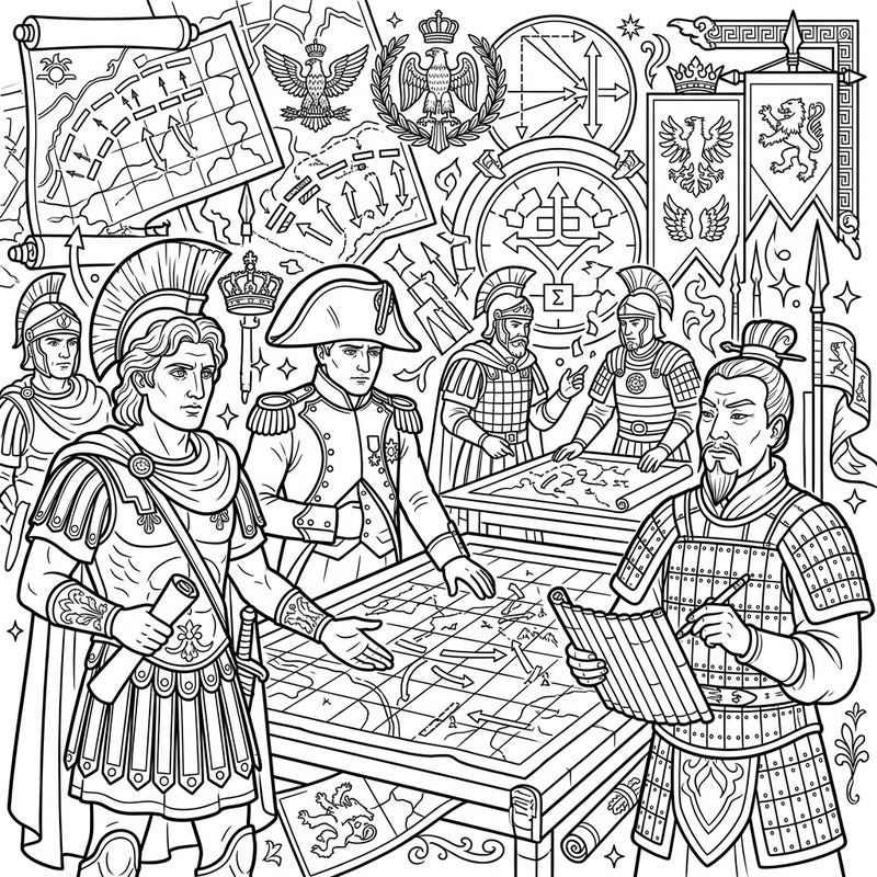 Journey through military history as you bring iconic generals and their strategic battle plans to life. This intricate coloring page invites you to explore the minds of legendary leaders with every stroke.