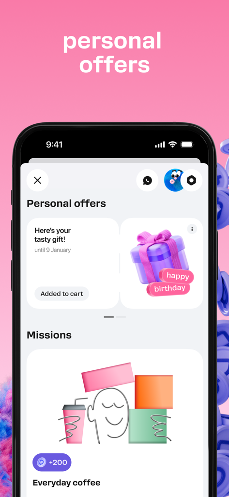 Dodo Pizza Delivery - Screenshot of Dodo Pizza app showing personal offers, a birthday gift notification, and a missions section for earning rewards.