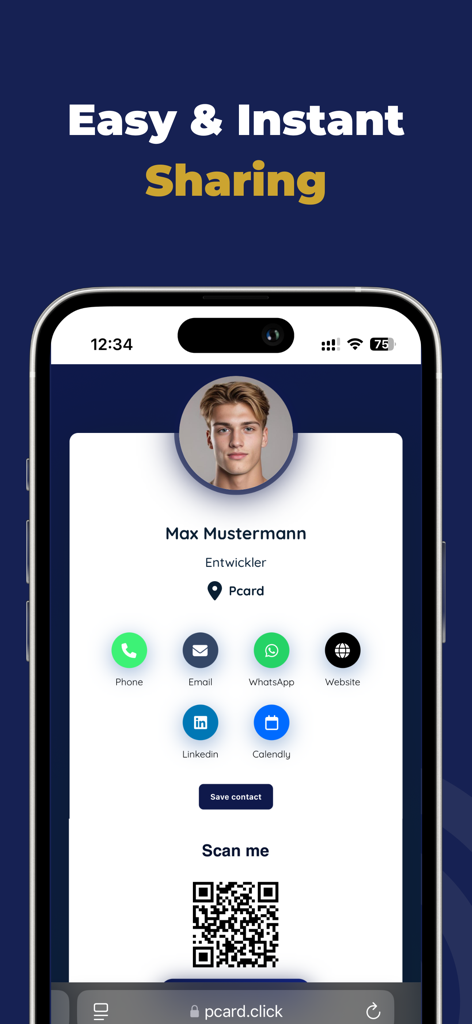 P-Card - Una tarjeta de presentación digital en la pantalla de un iPhone con una foto de perfil, iconos de contacto y un código QR escaneable.