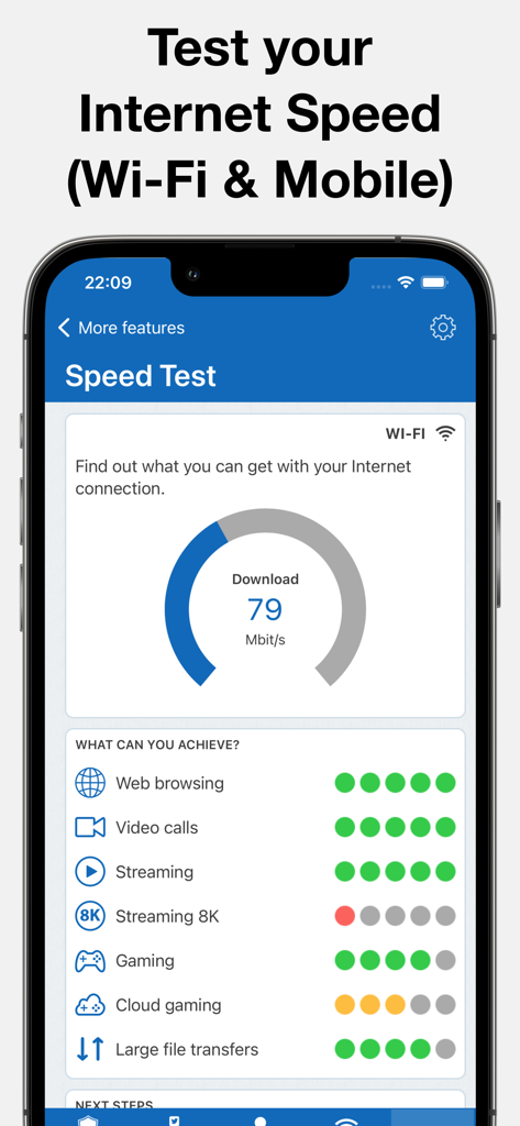 Screenshot of MyTop Mobile Security AI app showing a Wi-Fi speed test result of 79 Mbps and a performance analysis for streaming and gaming