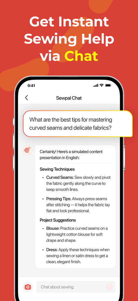 SewPal - Sewing Guides & Ideas - Schermata di uno smartphone che mostra la chat AI dell'app SewPal che fornisce consigli professionali sul cucito e idee per progetti.