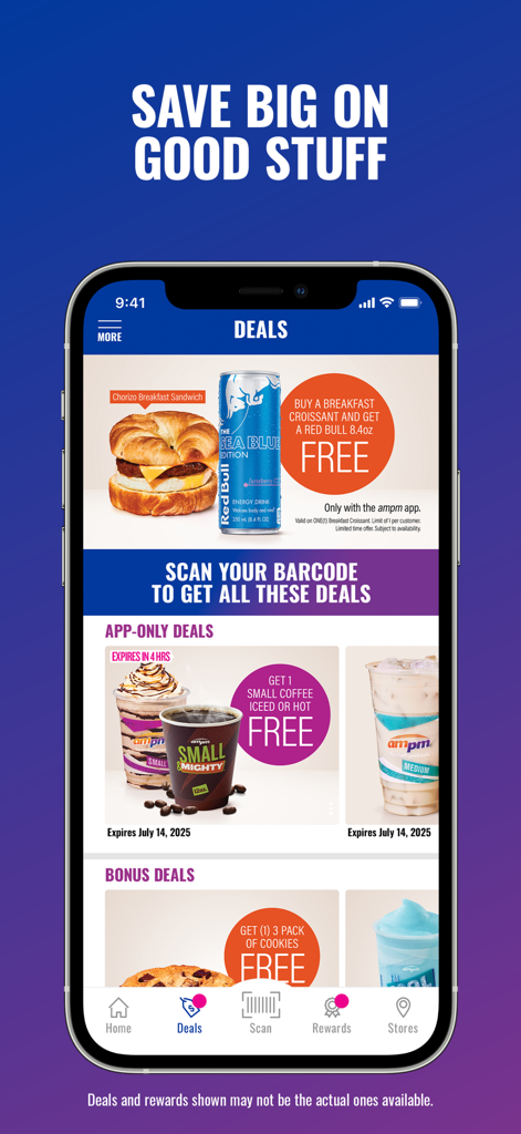 The ampm app deals page featuring exclusive food and drink discounts