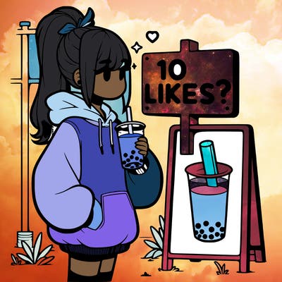 girl with oversized hoodie drinking boba and she has a high ponytail with a sign that says 10likes?