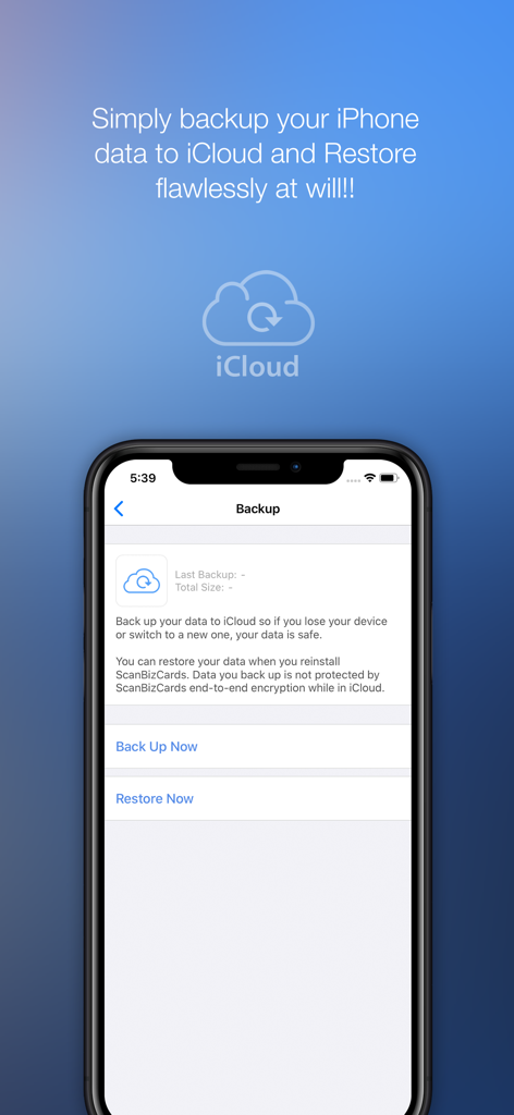 ScanBizCards - ScanBizCards app screen showing iCloud backup and restore options