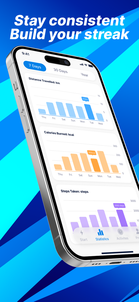 MoveTrack: Walk Run Cycle - MoveTrackアプリのインターフェース。距離、カロリー、歩数に関する週次アクティビティ統計が表示されています。