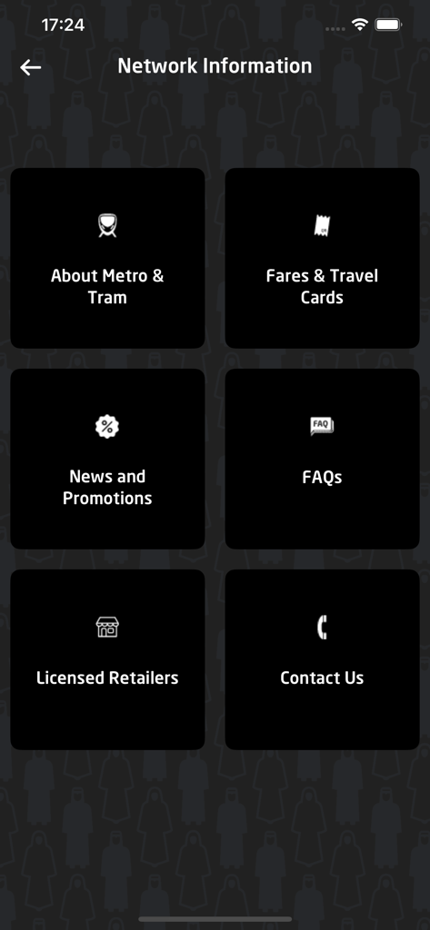 Qatar Rail - Qatar Rail app network information screen showing tiles for Metro and Tram info, fares, news, FAQs, retailers, and contact details.