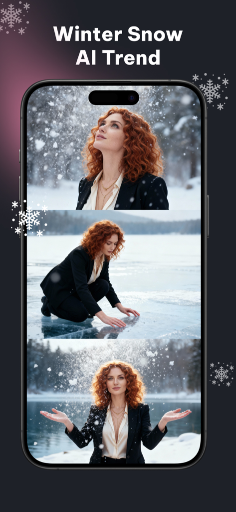 Regen - AI Image Generator - Three AI generated portraits of a woman with red hair in a winter snow setting