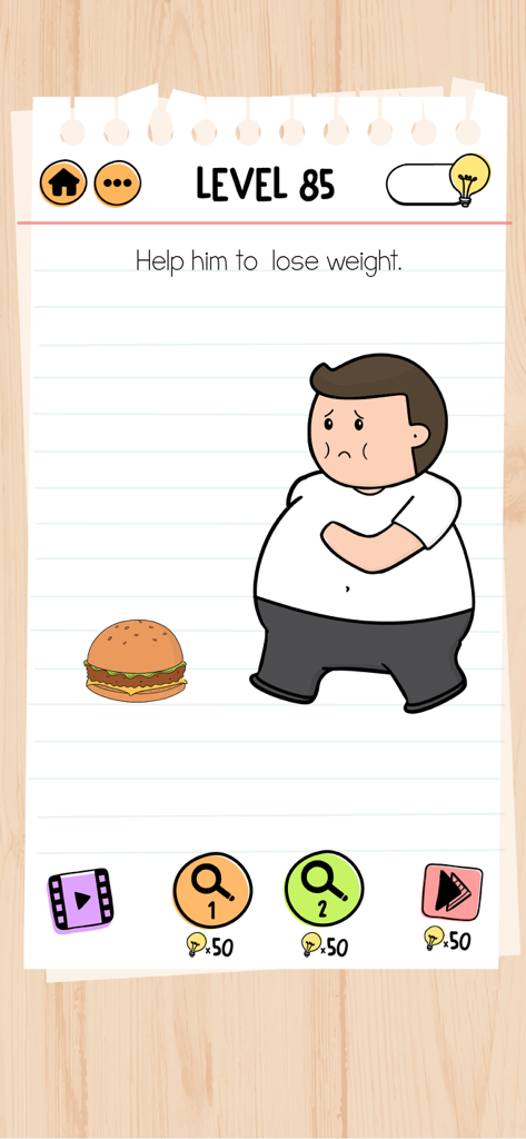 Brain Test 2: Tricky Stories - Tela do quebra-cabeça Brain Test 2 Nível 85 mostrando um homem em desenho animado e um hambúrguer com o texto Ajude-o a perder peso.