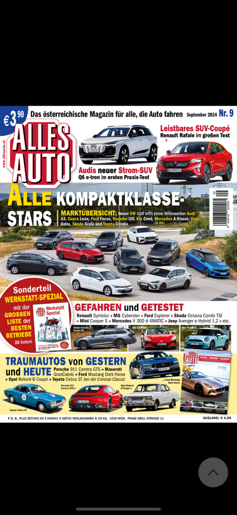 Alles Auto E-Paper - The front cover of Alles Auto magazine featuring several new and classic car models