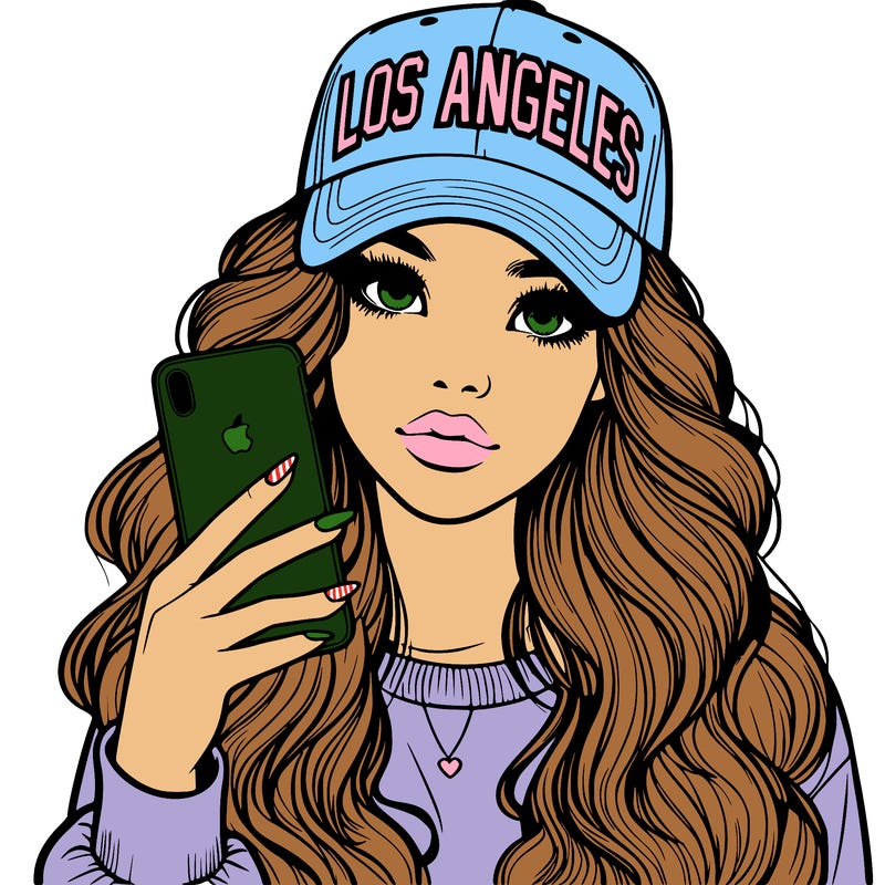 realistic beautiful girl wearing los ángeles cap holding an iphone
