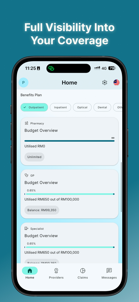 HealthMetrics Global - A smartphone screen displaying the HealthMetrics Global app home page with a detailed budget overview and visibility into insurance coverage plans.
