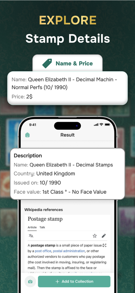 Stamp Value Stamp Identifier - Interface de l'application Stamp Value montrant des informations détaillées pour un timbre britannique de la Reine Elizabeth II, y compris le prix et l'origine.