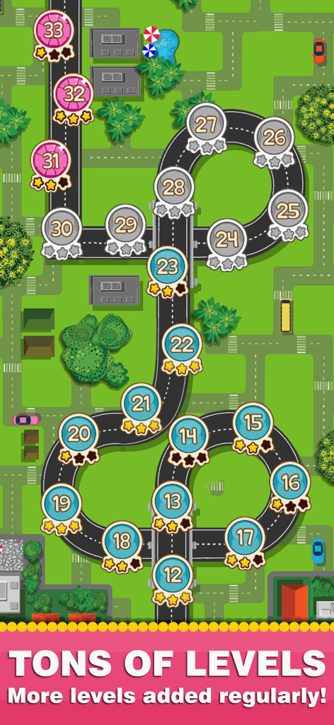 Word Wow Around the World - Level map interface of Word Wow Around the World showing a winding road with numbered stages and progress stars.