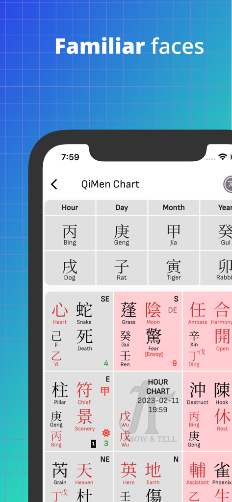 QiMen World - QiMen World app displaying a colorful Qi Men Dun Jia chart for strategic timing