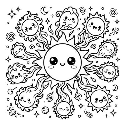 Explore the universe with a delightful twist as powerful solar flares transform into an army of adorable Kawaii characters in this unique coloring page. Bursting with charming details and happy faces, it's a stellar journey for your colored pencils.