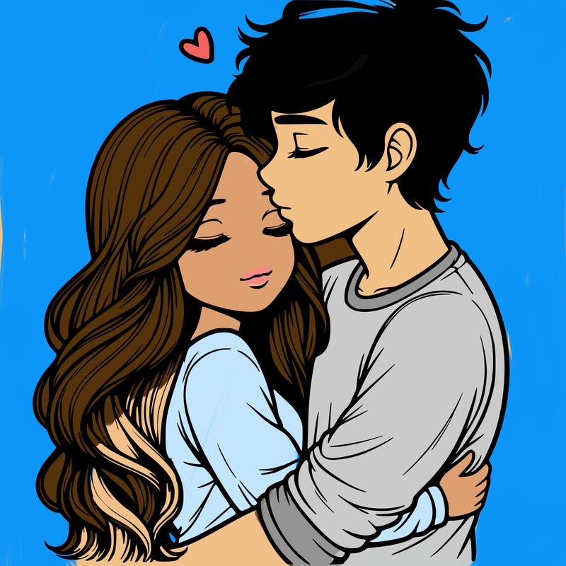 a realistic couple boy and girl hugging and kissing