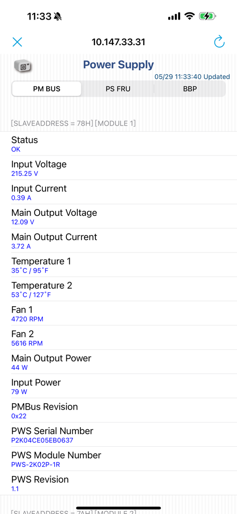 Supermicro IPMIView power supply status screen showing real-time server voltage temperature and fan speed data