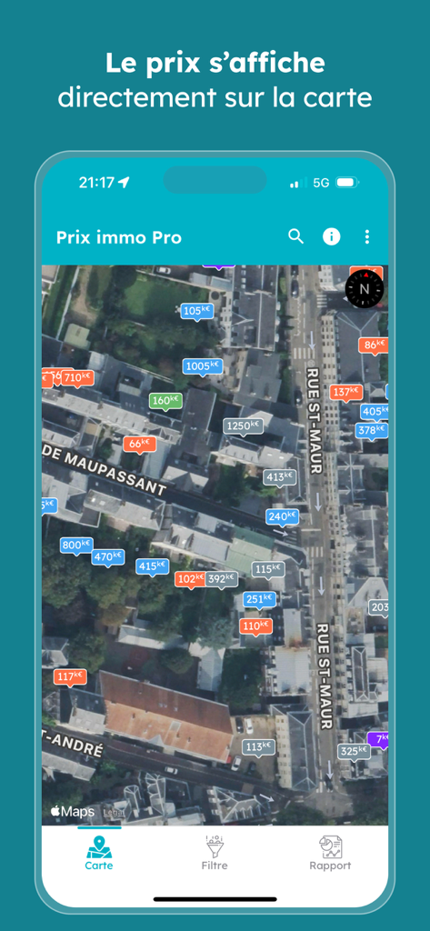 Prix Immo - Vente immobilière - Satellite map view of the Prix Immo app showing real estate sales prices in a French city