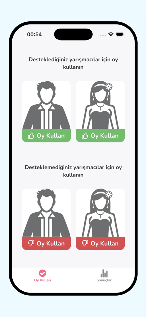 Una pantalla de la aplicación Askin Gucu mostrando opciones de voto para concursantes con botones de pulgar hacia arriba y pulgar hacia abajo