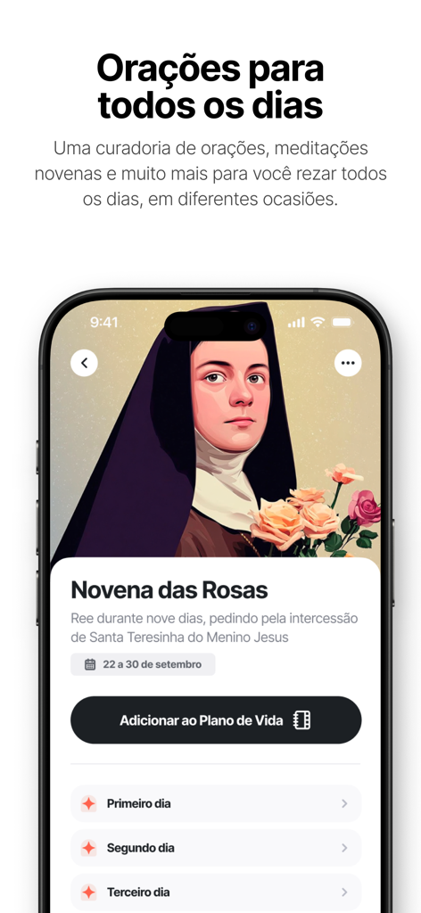 Smartphone screen of the Capela app displaying the Novena of the Roses with an illustration of Saint Therese.