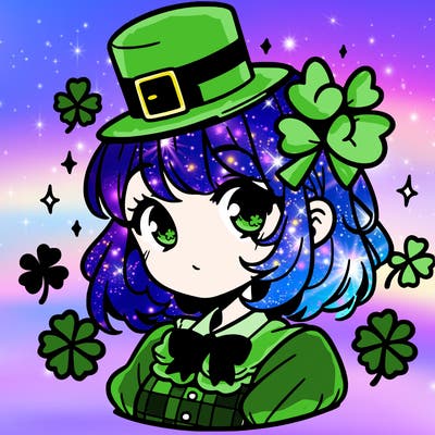a manga-style girl with clovers around her, a little hat in her hair, like it's saint patrick's day