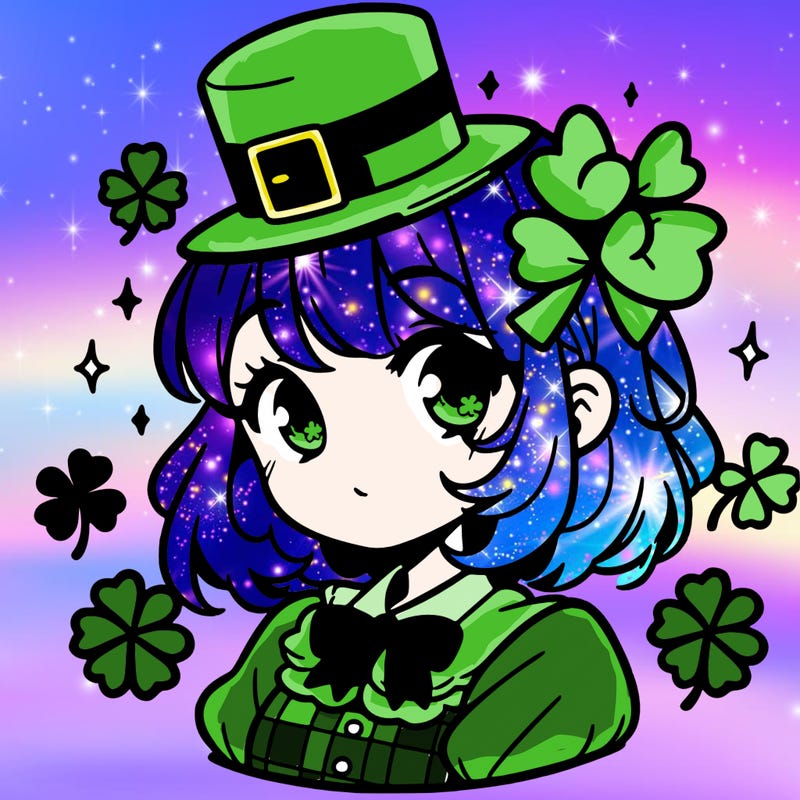 a manga-style girl with clovers around her, a little hat in her hair, like it's saint patrick's day