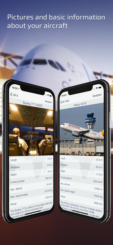 Mobile app screens showing technical specifications and photos of Boeing and Airbus aircraft.