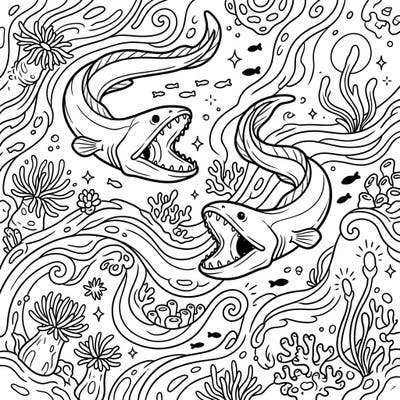 Explore a fantastical underwater world where gulper eels meet the vibrant energy of spring. This intricate coloring page invites you to bring life to a unique deep-sea garden.