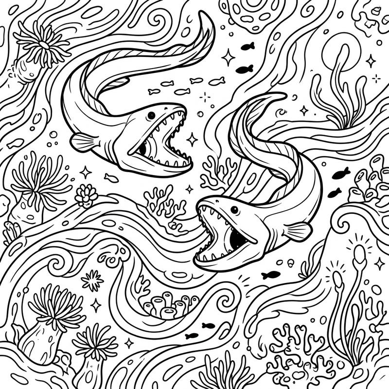 Explore a fantastical underwater world where gulper eels meet the vibrant energy of spring. This intricate coloring page invites you to bring life to a unique deep-sea garden.