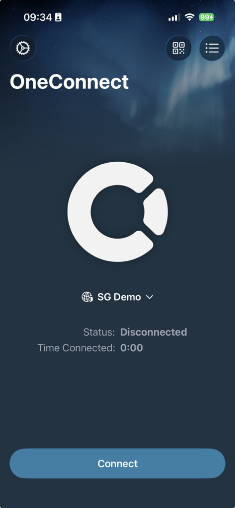 Clavister OneConnect - Interfaz principal de la aplicación Clavister OneConnect mostrando el estado de la conexión y un botón de conexión.