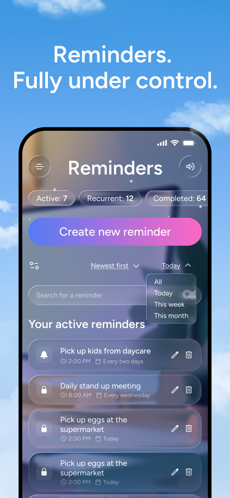 Memorae - Memorae app screen showing a list of active and recurring reminders on a clean user interface