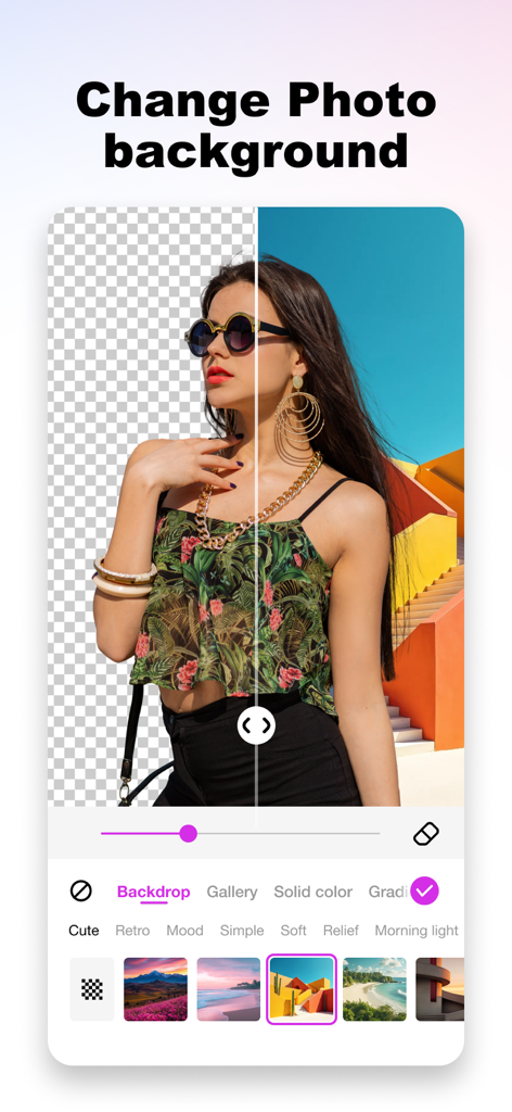 Background Eraser&Photo Editor - Interfaz de la aplicación Borrador de Fondos que muestra una comparación de antes y después de una foto de mujer con un nuevo y colorido fondo.