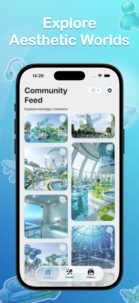 Aesthify: Frutiger Aero AI Art - Community feed of the Aesthify app showing Frutiger Aero style AI generated art