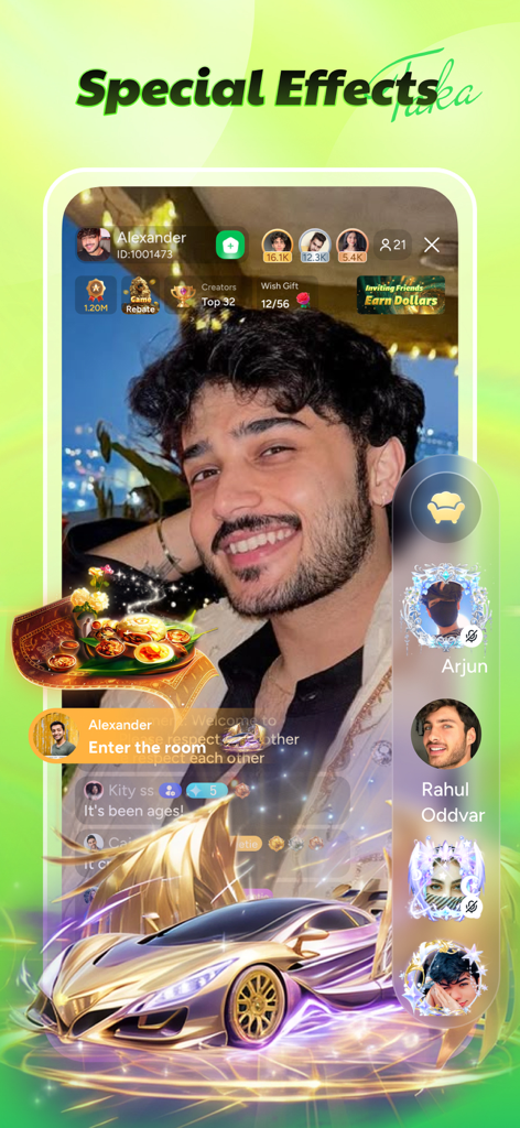 Tela de transmissão ao vivo no aplicativo Taka apresentando efeitos especiais de presentes animados como um carro esportivo dourado.