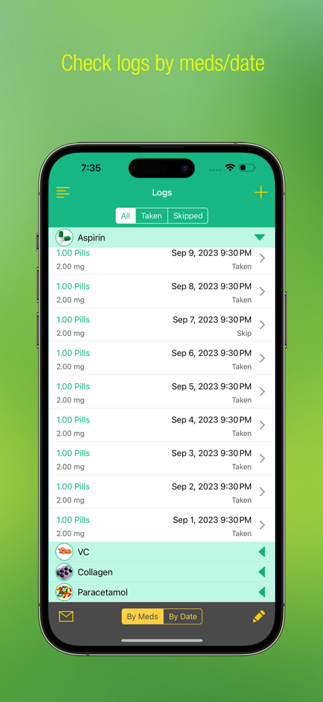 Pill Alert Pro - Écran de l'historique des médicaments dans l'application Pill Alert Pro sur iPhone