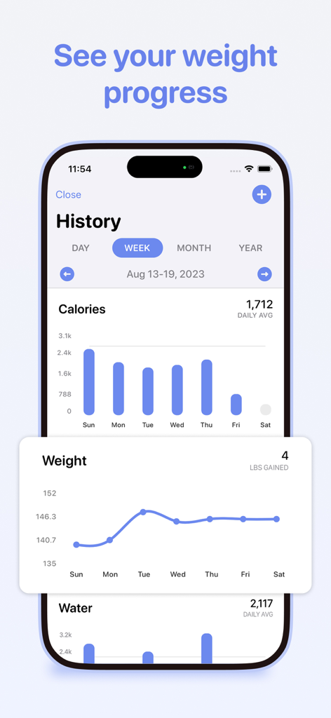 Calorie Counter - Calory AI - A weekly overview of calories burned and weight progress charts in the Calory AI app