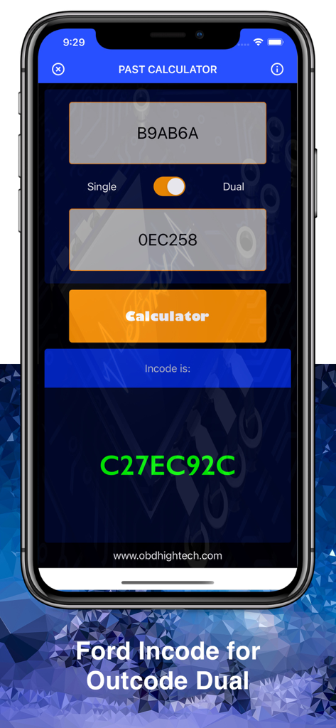 Incode by Outcode - Smartphone screen showing the Incode by Outcode app calculating a dual code for Ford security access