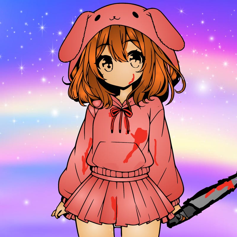 pretty anime girl wearing a fluffy hoodie with bunny ears on the hood and a skirt
