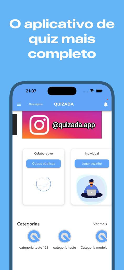 Quizada - The home screen of the Quizada app showing options for public quizzes and individual play modes