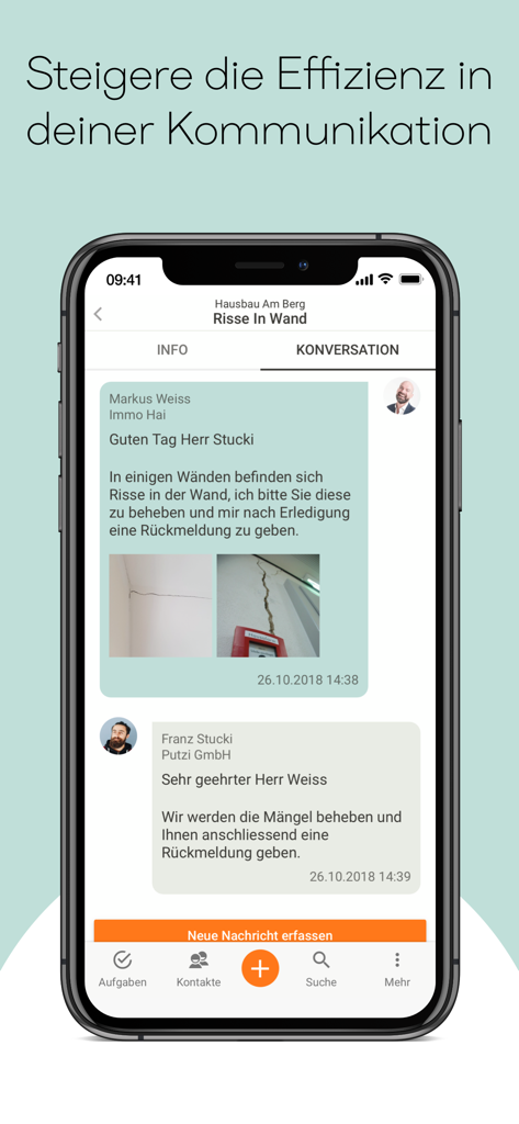smino - Smino app chat interface showing construction professionals discussing wall cracks with attached photos