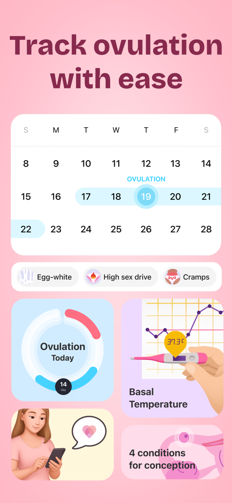 Clover - Period Tracker AI - Clover App-Oberfläche, die einen Eisprungkalender zur Verfolgung der Basaltemperatur und Symptome für die Empfängnis anzeigt
