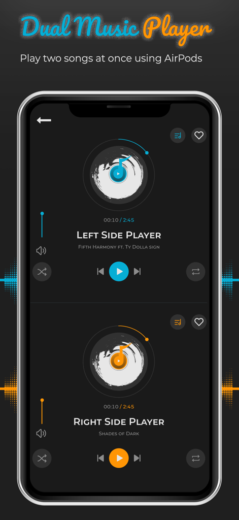 Mobile app interface showing two music players to play different songs in left and right earphones