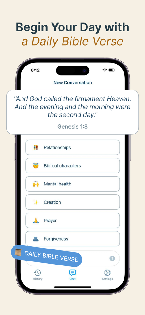 Haven: Bible Chat - Aplicación Haven Bible Chat que muestra un versículo bíblico diario de Génesis y categorías de estudio espiritual