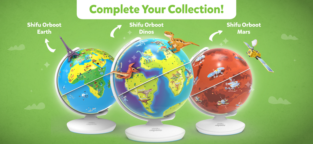 Eine Sammlung von drei interaktiven Shifu Orboot Globen, die Erde, Dinosaurier und Mars darstellen