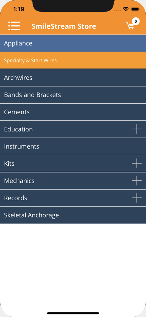 SmileStream: Dentistry - Menú de la tienda dentro de la aplicación SmileStream que muestra categorías de suministros dentales como aparatos y arcos.