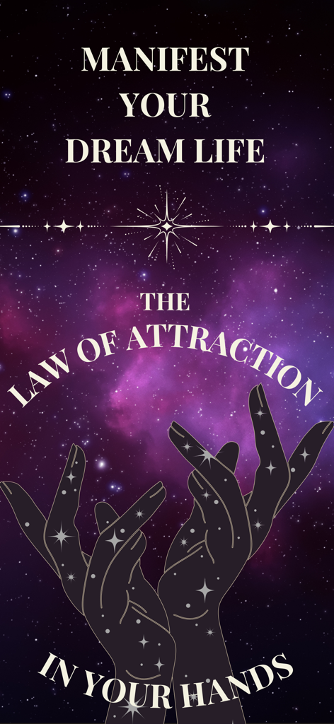 Secret Manifestation Journal - Kosmischer Hintergrund mit Händen und Manifestationstext, der lautet: Manifestiere dein Traumleben.