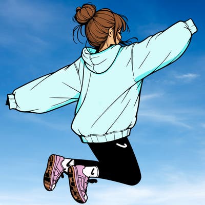 realistic girl jumping with a bun and oversized sweatshirt